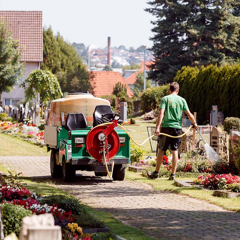 Fachkraft aus der Gärtnerei  Konzelmann-Höfer bewässert die frisch eingepflanzten Gräber auf dem Friedhof mit modernen, professionellen Geräten.